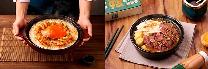 $!Blossom Palace presents Steamed Glutinous Rice with Green Crab in Ginger Sauce (left), while Waso Cafe offers Braised Satay Beef with Noodles in Casserole.