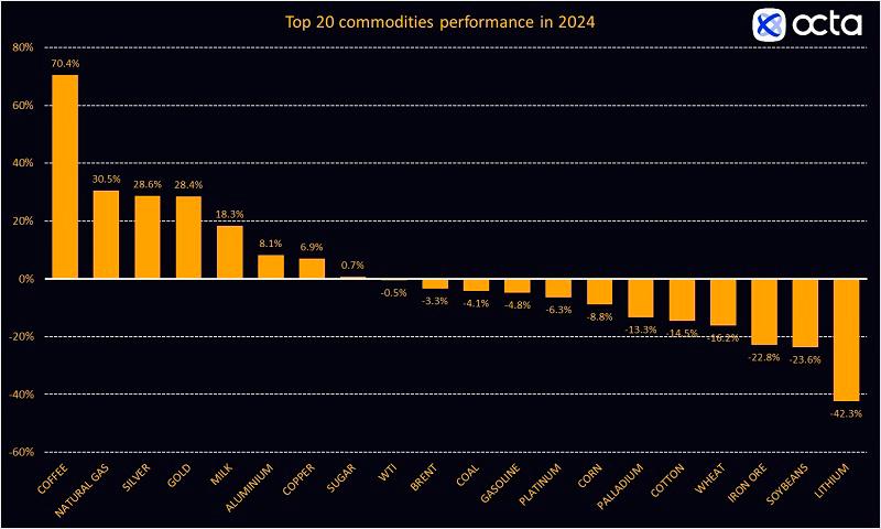 $!Top 20 commodities performance in 2024. Source: Octa Broker calculations