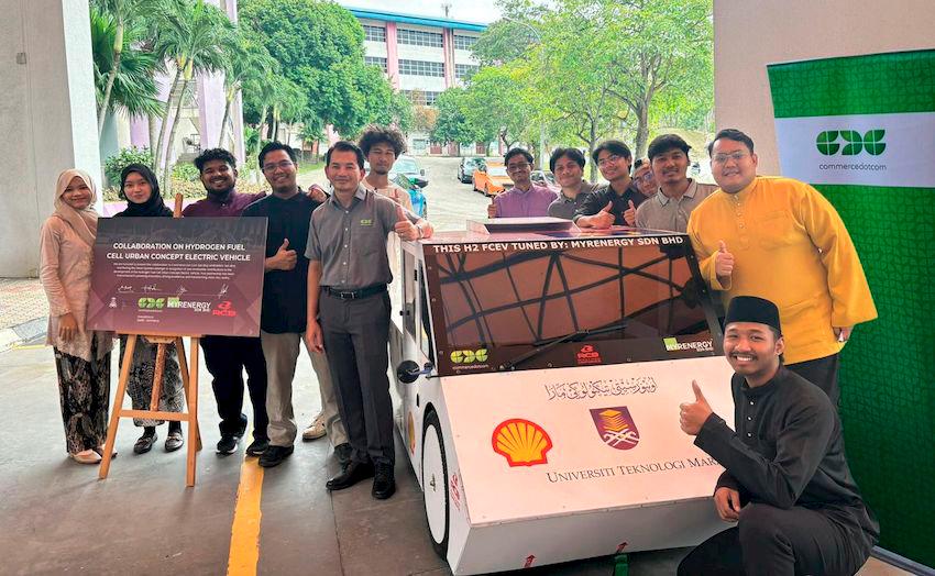 Hafidz Bin Ahmad Zehnun, VP of Corporate Planning &amp; Communication, at CDC (center), with the UiTM team and their hydrogen-powered vehicle at the flag-off in UiTM Shah Alam for Shell Eco-Marathon 2025 in Doha, Qatar