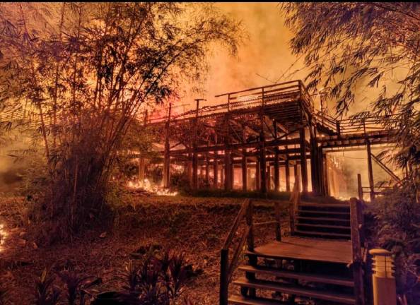 The blaze that erupted at the Sarawak Cultural Village. - Pic courtesy of Sarawak Fire and Rescue Department