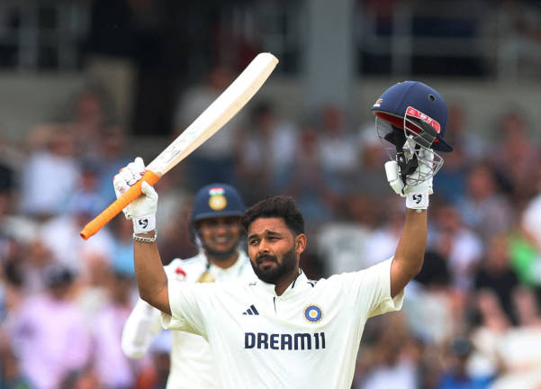 International Test Match Series - First Test - England v India - Headingley Cricket Ground, Leeds, Britain - June 21, 2025 India’s Rishabh Pant celebrates after reaching his century. - Action Images via REUTERS