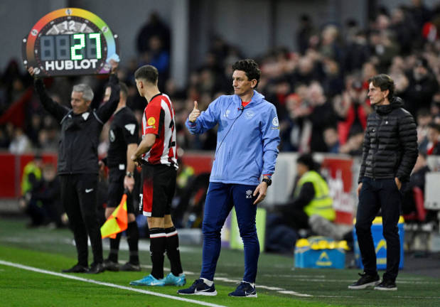 Brentford set-piece coach Keith Andrews reacts during Brentford v Leicester City match at Community Stadium, London, Britain on November 30, 2024. - REUTERS