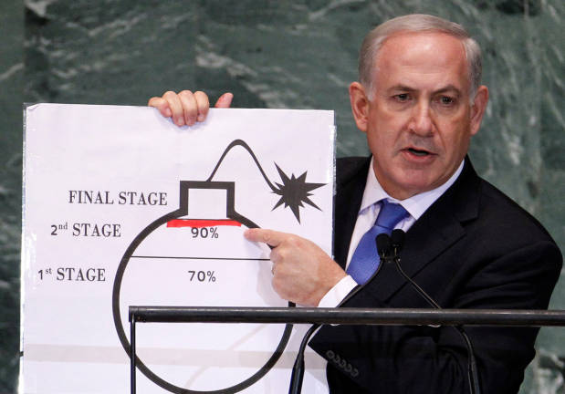 Israel’s Prime Minister Benjamin Netanyahu points to a red line he drew on the graphic of a bomb used to represent Iran’s nuclear program as he addresses the 67th United Nations General Assembly at the U.N. Headquarters in New York, September 27, 2012. - REUTERSpix
