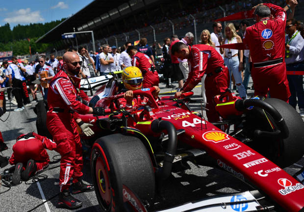 Ferrari’ British driver Lewis Hamilton prepares for the start of the Formula One Austrian Grand Prix at the Red Bull Ring race track in Spielberg, Austria, on June 29, 2025. - AFP