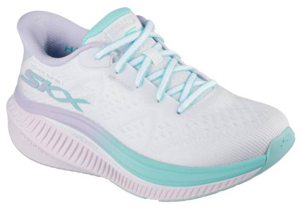 Skechers White Mint (Women’s Series) offers a clean, breathable knit upper with podiatrist-certified Arch Fit support.