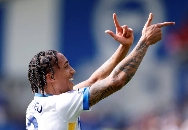 Brighton &amp; Hove Albion’s Joao Pedro celebrates scoring their first goal during Brighton &amp; Hove Albion v Leicester City match at the American Express Community Stadium, Brighton, Britain on April 12, 2025. - REUTERS