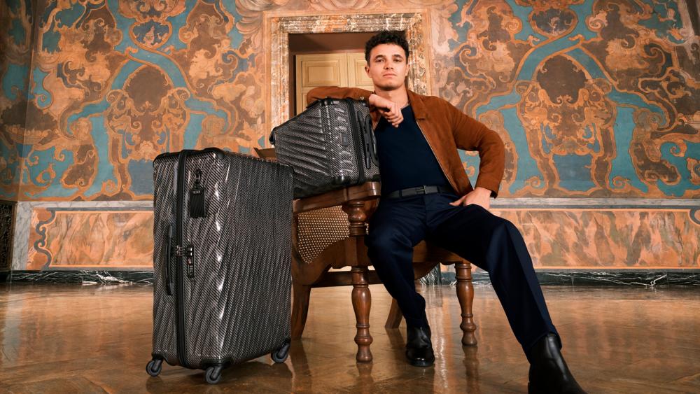 Lando Norris with 19 Degree Lite International Carry-On and Extended Trip Packing Case in Black Graphite