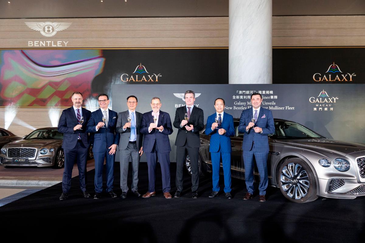 The unveiling celebration was included Bentley Motors’ and Galaxy Macau’s Leadership (from Left to Right) Mr. Jeremy Walker, Senior Vice President of Marketing and Event Services at Galaxy Entertainment Group (GEG); Mr. James Koratzopoulos, Executive Vice President of Hotel & MICE Operations at GEG; Mr. Elmen Lee, Director of Integrated Resort Services at Galaxy Macau; Mr. Roger Lienhard, Executive Vice President of Hospitality at Galaxy Macau; Mr. Kim Airey, Managing Director of Bentley Motors for the Chinese Mainland, Hong Kong, and Macao; Mr. Hing Tak Mak, President of Kam Lung Motor Group; and Mr. Troy Hickox, Chief Representative, UAE and Head of Hotels and Lifestyle Development Services at GEG $!The unveiling celebration was included Bentley Motors’ and Galaxy Macau’s Leadership (from Left to Right) Mr. Jeremy Walker, Senior Vice President of Marketing and Event Services at Galaxy Entertainment Group (GEG); Mr. James Koratzopoulos, Executive Vice President of Hotel & MICE Operations at GEG; Mr. Elmen Lee, Director of Integrated Resort Services at Galaxy Macau; Mr. Roger Lienhard, Executive Vice President of Hospitality at Galaxy Macau; Mr. Kim Airey, Managing Director of Bentley Motors for the Chinese Mainland, Hong Kong, and Macao; Mr. Hing Tak Mak, President of Kam Lung Motor Group; and Mr. Troy Hickox, Chief Representative, UAE and Head of Hotels and Lifestyle Development Services at GEG