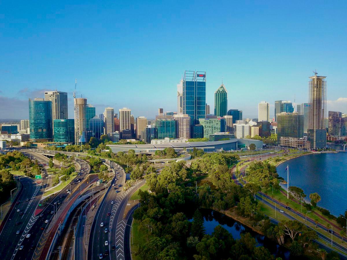 Ariel Drone view of the Perth City Skyline During the day.