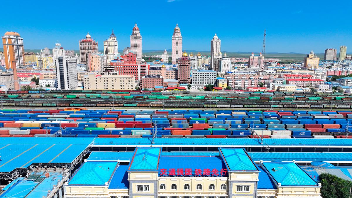 An aerial drone photo shows trains for China-Europe freight service at Manzhouli Railway Port in north China’s Inner Mongolia Autonomous Region