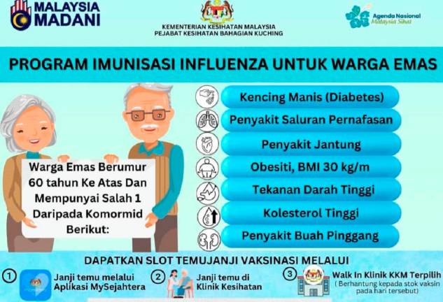 Sarawak Health Department advisory at district level urging influenza vaccination amidst outbreak at school level.