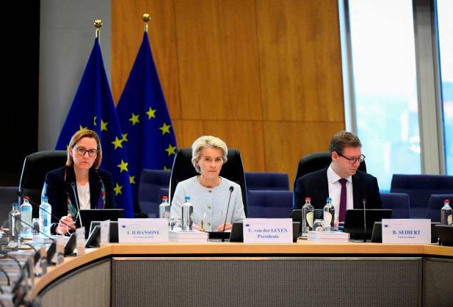 (LtoR) Secretary-General of Commission Ilze Juhansone, President of the European Commission Ursula von der Leyen and Bjoern Seibert, Chief of Staff of the President European Union, attend to a College meeting at the EU headquarters in Brussels on October 2, 2024. - AFPpix