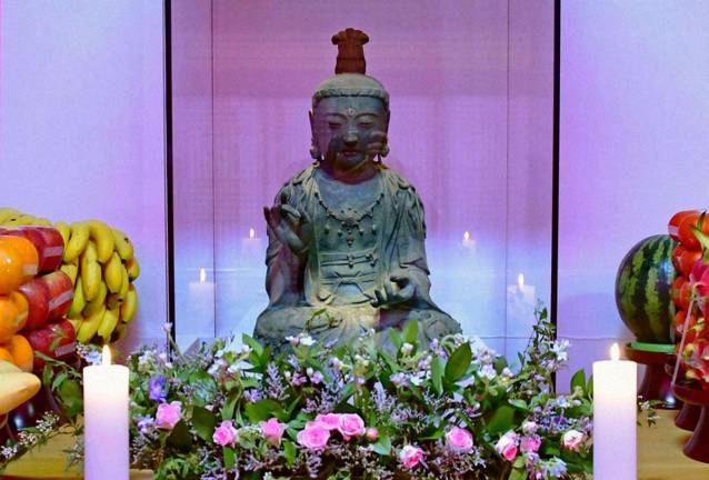 This file photo taken on May 10, 2025, shows a 14th-century Buddhist statue that was stolen from a Japanese temple in October 2012, at Buseoksa Temple in Seosan, South Korea. (Kyodo)