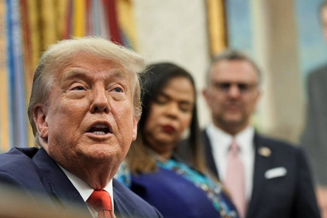 U.S. President Donald Trump speaks during a meeting with Democratic Republic of the Congo’s Foreign Minister Therese Kayikwamba Wagner and Rwanda’s Foreign Minister Olivier Nduhungirehe (not pictured) in the Oval Office at the White House in Washington D.C., June 27, 2025. - REUTERS