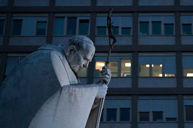 This photograph shows the John Paul II monument outside the Gemelli Hospital where Pope Francis is hospitalized in Rome, on March 8, 2025. Pope Francis spent a quiet night in hospital, the Vatican said on March 8, 2025, as the 88-year-old head of the Catholic Church battles pneumonia.AFPpix