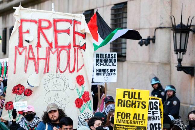 Palestine activist demonstrate in front of Columbia University in support of Mahmoud Khalil, in New York on March 14, 2025. AFPpix