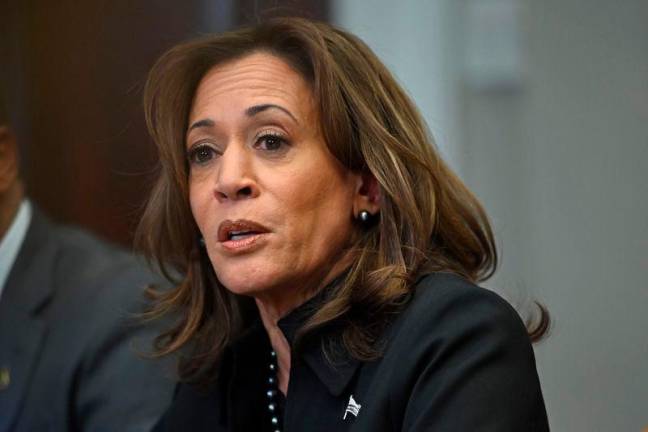 US Vice President Kamala Harris speaks about the Los Angeles fires alongside unseen US President Joe Biden n the Roosevelt Room of the White House in Washington, DC, on January 9, 2025