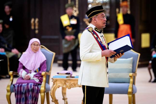 Anwar delivering his address at the investiture ceremony held at Istana Negara in conjunction with the official birthday of His Majesty, Sultan Ibrahim, the King of Malaysia. – BERNAMApix