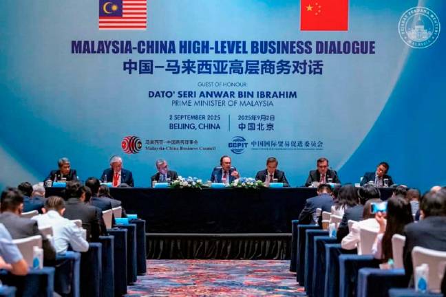 Prime Minister Datuk Seri Anwar Ibrahim during the Malaysia-China High-Level Business Dialogue, which brought together over 120 prominent Chinese industry leaders in Beijing on September 2. - Pic courtesy PMO