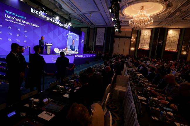 Prime Minister Datuk Seri Anwar Ibrahim delivers his special address in conjunction with the 22nd Shangri-La Dialogue 2025 held at a hotel. - BERNAMApix