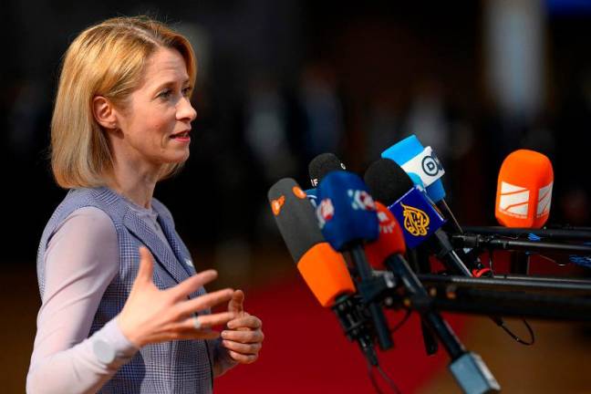 Kaja High Representative of the European Union for Foreign Affairs and Security Policy Kaja Kallas speaks to the press as she arrives for the start of a European Union Summit at the Europa Building Forum, in Brussels on March 20, 2025. - JOHN THYS / AFP