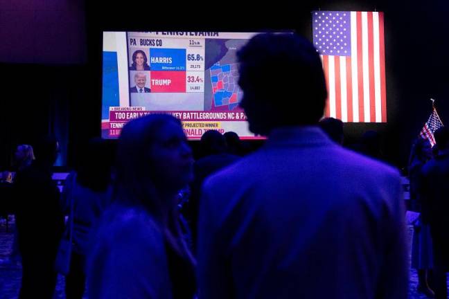 A screen shows election updates at a Sherrod Brown watch party in Columbus, Ohio, U.S., November 5, 2024. - REUTERS/Megan Jelinger