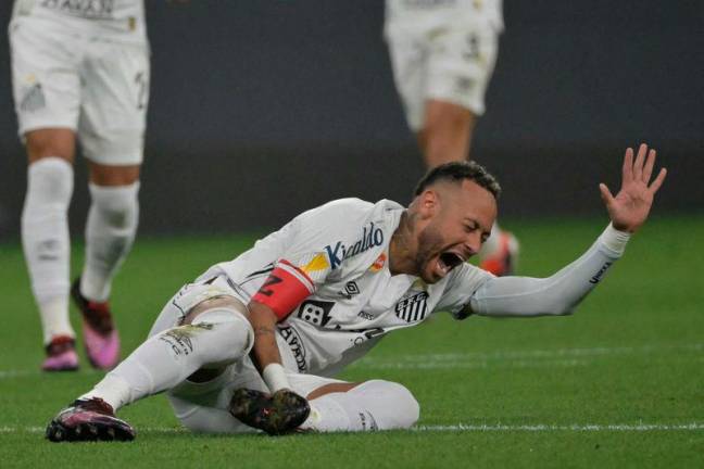 Santos’ forward #10 Neymar reacts during the Campeonato Paulista A1 football match between Corinthians and Santos at Arena Corinthians in Sao Paulo on Feb12, 2025. AFPpixS