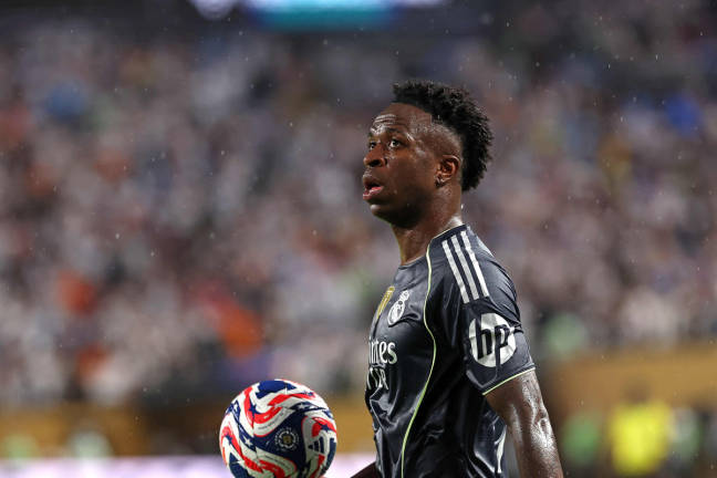Real Madrid’s Brazilian forward #07 Vinicius Junior celebrates scoring his team’s first goal during the FIFA Club World Cup 2025 Group H football match between Austria’s FC Salzburg and Spain’s Real Madrid at Lincoln Financial Field Stadium in Philadelphia on June 26, 2025. - AFP