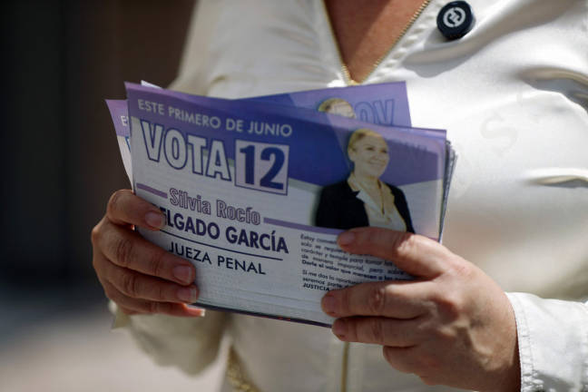 Silvia Rocio Delgado Garcia, candidate for criminal judge for the state of Chihuahua, holds campaign flyers at the Paso del Norte international bridge in Ciudad Juarez, Chihuahua State, Mexico on May 17, 2025. - AFPpix