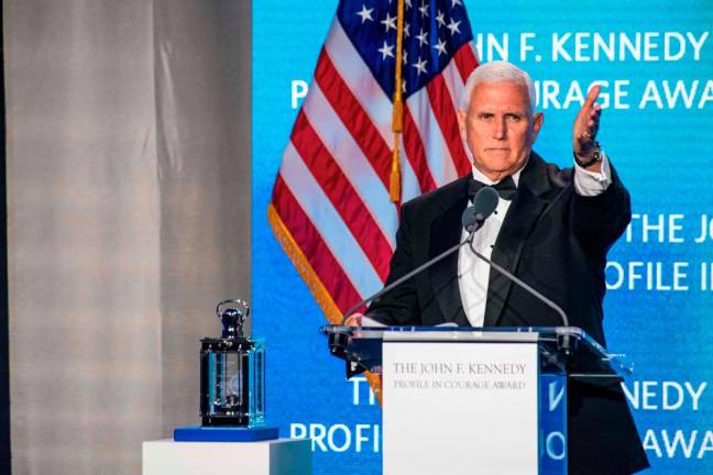 Former US Vice President Mike Pence speaks after accepting the 2025 John F. Kennedy Profile in Courage Award at the John F. Kennedy Presidential Library and Museum in Boston, Massachusetts on May 4, 2025. -AFPpix