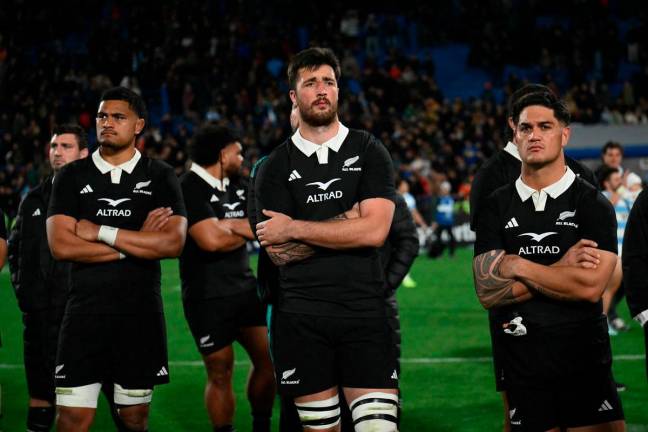 New Zealand’s All Blacks players react after losing the Rugby Championship 2025 match between Argentina and New Zealand at the Jose Amalfitani Stadium in Buenos Aires. - AFP
