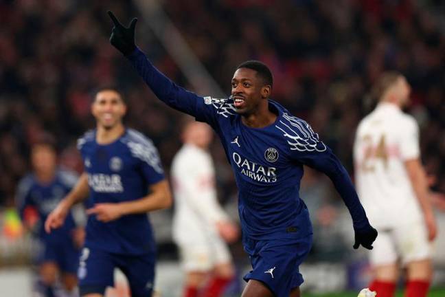 Paris Saint-Germain's French forward #10 Ousmane Dembele celebrates scoring the 0-4 during the UEFA Champions League football match VfB Stuttgart vs Paris Saint-Germain in Stuttgart, southwestern Germany, on January 29, 2025. - FRANCK FIFE / AFP