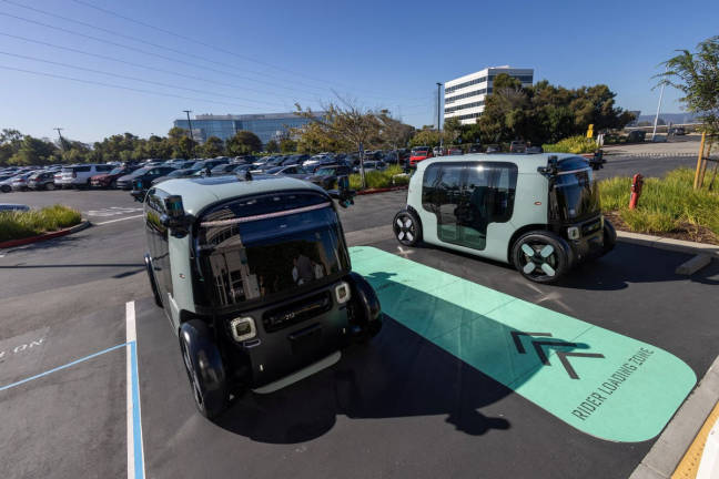 Zoox, a self-driving vehicle owned by Amazon, is seen at the company’s Headquarters during a test drive in Foster City, California, U.S. October 15, 2024. - REUTERSpix