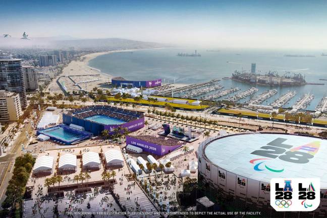 The planned Paralympic venue in Long Beach for blind football, Paralympic swimming and Paralympic climbing of the Los Angeles 2028 Paralympic Games is seen in a digital artist’s rendering released June 3, 2025. - LA28 Paralympics/Handout via REUTERS.