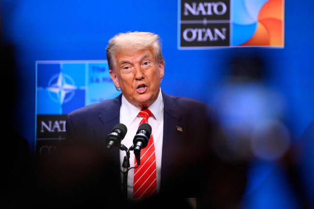 US President Donald Trump speaks at a press conference during the North Atlantic Treaty Organization (NATO) summit in The Hague on June 25, 2025. - AFP