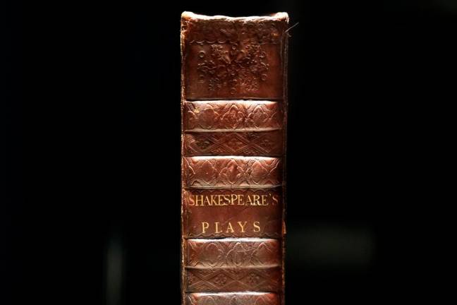 A 1663 rare first folio of 36 Shakespeare works that was sold for a record 8.4 million dollars (9.978 million with buyers fee) is seen in the Manhattan borough of New York City, New York, U.S., October 14, 2020. REUTERS/Carlo Allegri