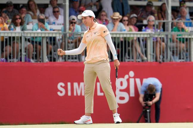 Carlota Ciganda of Spain reacts on the 18th green after winning the Meijer LPGA Classic for Simply Give 2025 at Blythefield Country Club. – Getty Images