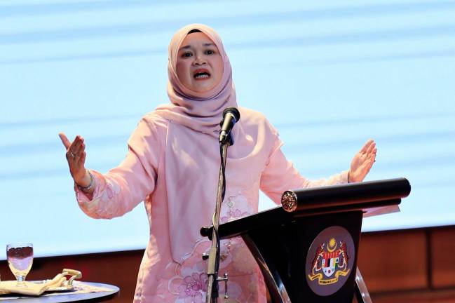 Education Minister Fadhlina Sidek speaking during the ministry’s monthly meeting at Kompleks E, Putrajaya, today. - Bernama pic