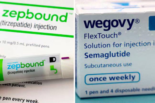 A combination image shows an injection pen of Zepbound, Eli Lilly’s weight loss drug, and boxes of Wegovy, made by Novo Nordisk. REUTERS/Hollie Adams/Brendan McDermid/Combination/File Photo