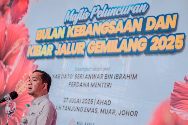 Johor Menteri Besar Datuk Onn Hafiz Ghazi speaks at the National Month Launch and Jalur Gemilang Flying Ceremony 2025 at Dataran Tanjung Emas, today. - Bernama