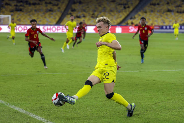 Malaysian player Fergus Tierney in action against Timor-Leste during the Group A match of the 2024 ASEAN Cup at the National Stadium Bukit Jalil. - BERNAMA