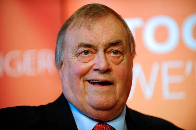 (FILES) Former Labour Party deputy prime minister John Prescott speaks at a Scottish Labour Campaign event at the Adam Smith Theatre in Kirkcaldy, north of Edinburgh in Scotland on May 13, 2017, as campaigning continues in the build up to the general election on June 8. Prescott, who served under Tony Blair and with him helped transform the country’s Labour party, has died aged 86, his family said on November 21, 2024. - Andy Buchanan / AFP