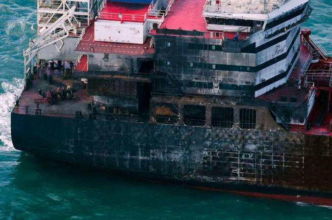 A view of a damaged hull of Stena Immaculate oil tanker ship after it collided with a cargo ship off the northeastern coast of England, Britain, March 11, 2025. REUTERpix