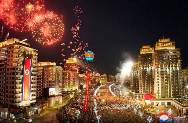 This picture taken on April 16, 2024 and released from North Korea’s official Korean Central News Agency (KCNA) via KNS on April 17, 2024 shows celebrations to mark the completion of the second phase of a 10,000-unit housing development in Pyongyang. - AFP PHOTO/KCNA VIA KNS