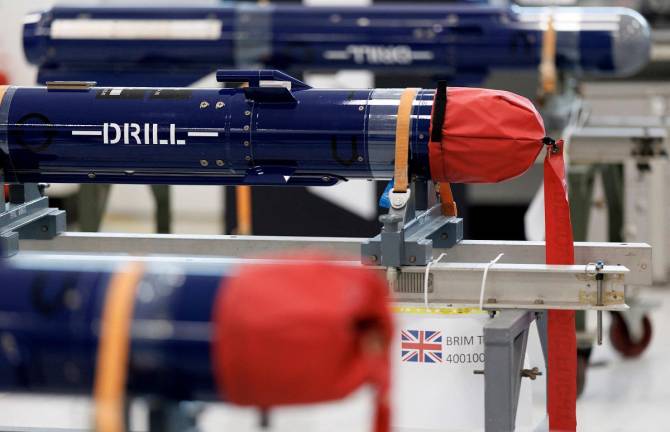 An MBDA Brimstone training weapon is pictured at the MBDA missile factory in Stevenage, on May 31, 2025, ahead of the UK Government's upcoming Strategic Defence Review. - Dan Kitwood / POOL / AFP