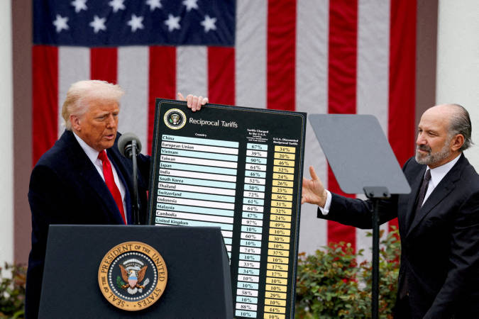 U.S. President Donald Trump holds a chart next to U.S. Secretary of Commerce Howard Lutnick as Trump delivers remarks on tariffs in the Rose Garden at the White House in Washington, D.C., U.S., April 2, 2025. - REUTERSpix