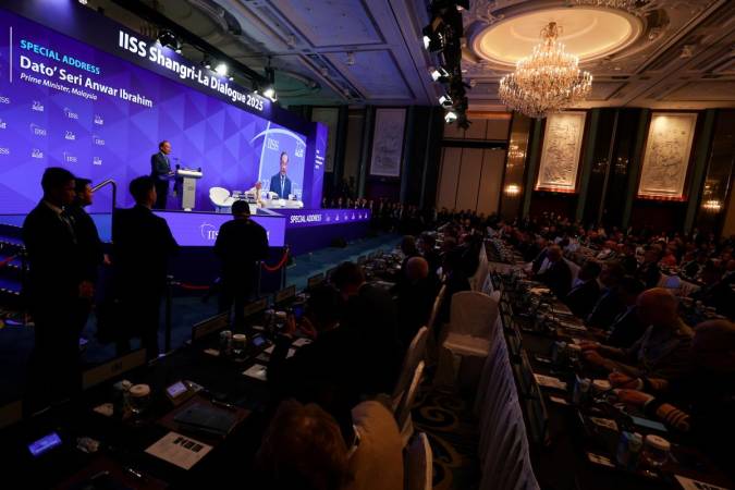 Prime Minister Datuk Seri Anwar Ibrahim delivers his special address in conjunction with the 22nd Shangri-La Dialogue 2025 held at a hotel. - BERNAMApix