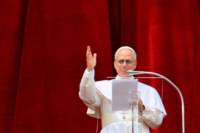Pope Leo XIV delivers the Regina Caeli prayer from the main central loggia of St Peter’s basilica in The Vatican, on May 11, 2025. - Alberto PIZZOLI / AFP