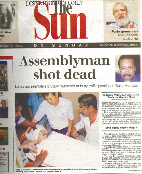 Our front page report on the assassination on Nov 5, 2000.