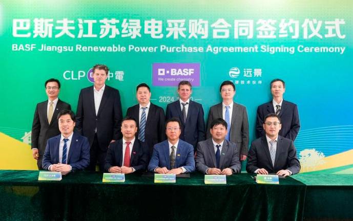 CLP, BASF, and Envision Energy sign a 10-year power purchase agreement to provide 100% renewable energy to BASF’s three manufacturing sites in Jiangsu province